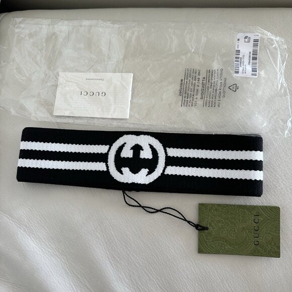 NEW GUCCI Headband HAIRBAND INTERLOCKING G BLACK WHITE SIZE M LOGO - Picture 8 of 8